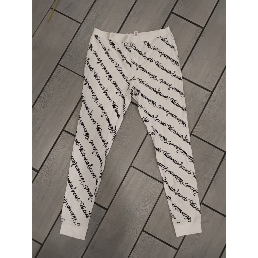 Victorias Secret White Black Script Logo Ribbed‎ Pajama Leggings Sleep Pants L